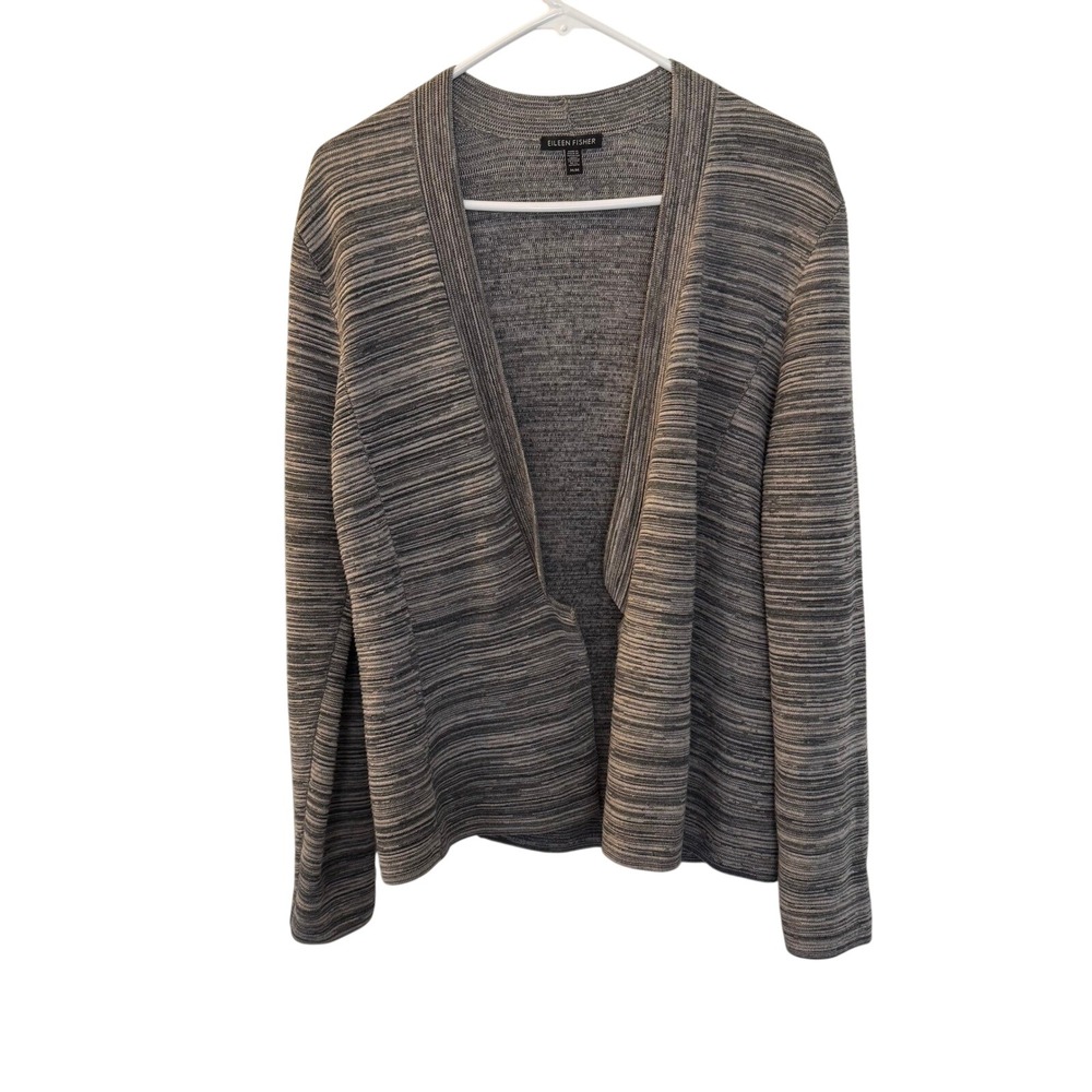 Eileen Fisher Grey Space Dye Open Front Cardigan Tencel Cotton Sweater Womens M